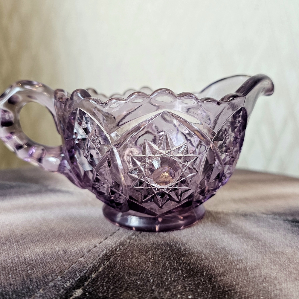 Vintage Pressed Glass Purple Creamer with Starburst Design